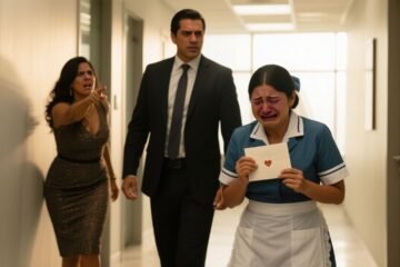 Lucía con uniforme de limpieza sosteniendo una invitación de boda mientras Alejandro la defiende de su hermana Camila