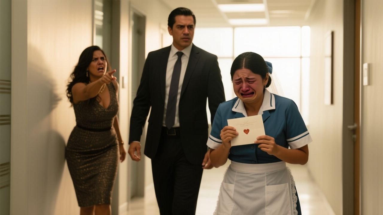 Lucía con uniforme de limpieza sosteniendo una invitación de boda mientras Alejandro la defiende de su hermana Camila