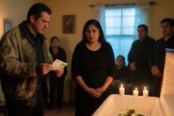 Cobrador con carpeta frente a la viuda en el velatorio de Ramón mientras la familia observa en silencio la escena