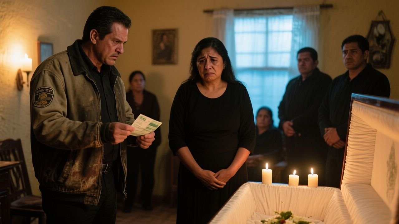 Cobrador con carpeta frente a la viuda en el velatorio de Ramón mientras la familia observa en silencio la escena