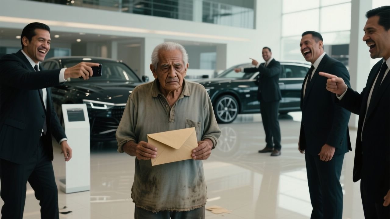 Anciano de zapatos lustrados sosteniendo un sobre manila frente al mostrador de una lujosa agencia de autos