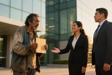 Hombre de traje blanco frente al edificio de la corporación Aralma donde años atrás pidió ayuda