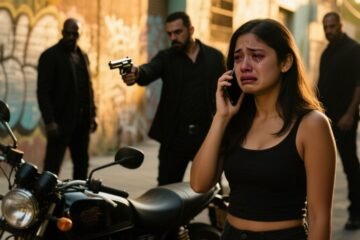 Joven defendiendo una moto roja de unos ladrones en la esquina de un barrio, con el celular en la mano